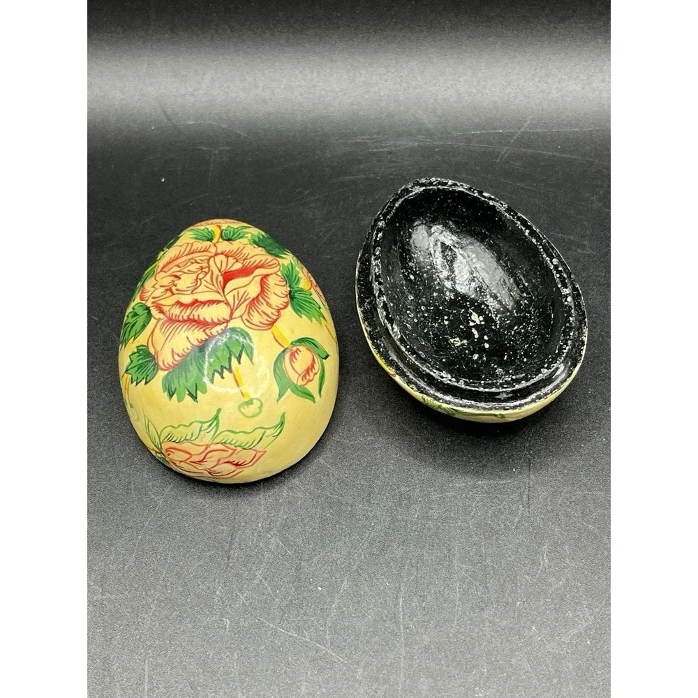 Vtg Laquer Egg Trinket Box Rose India 3